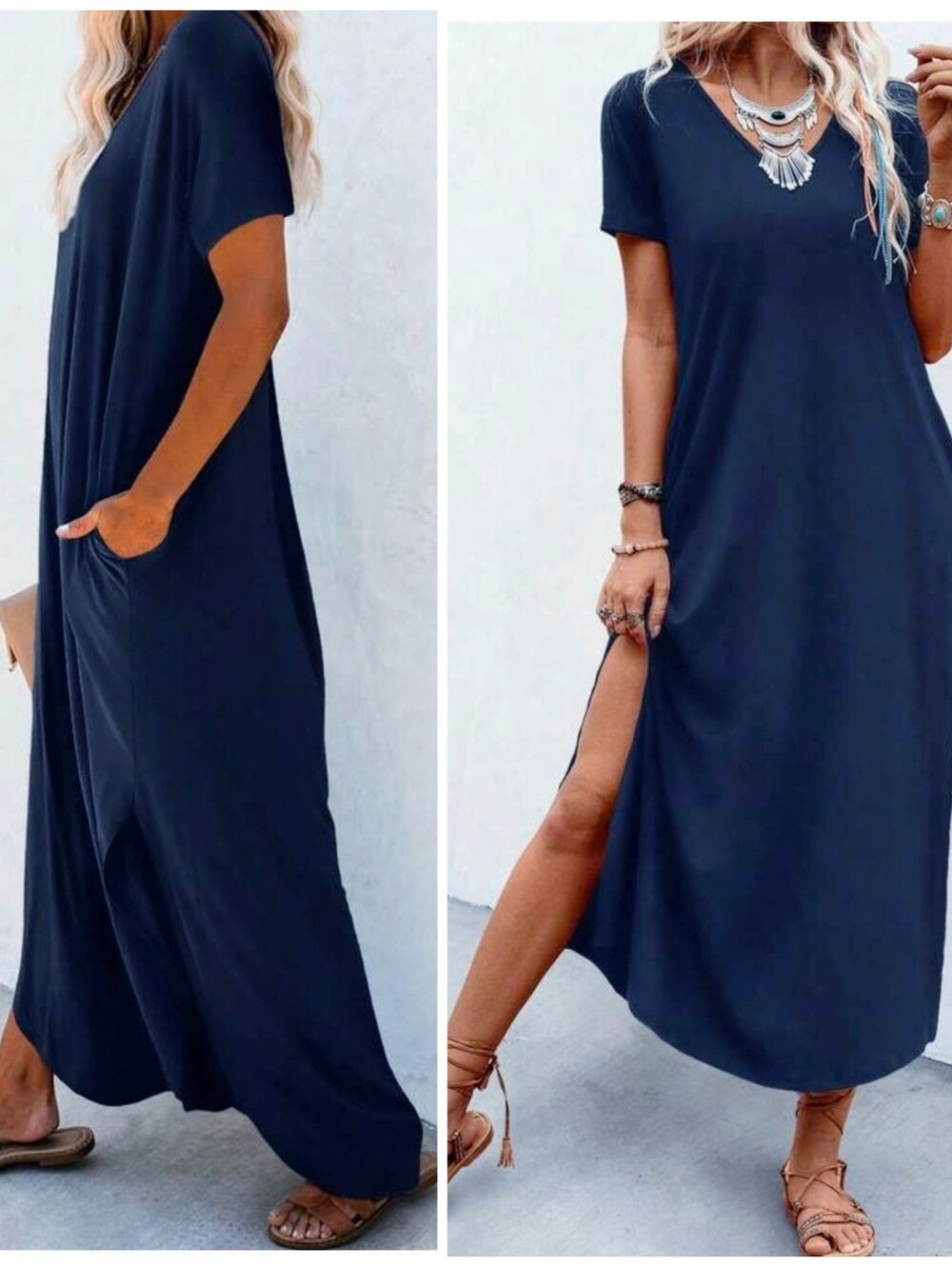 New Flowy Tee Shirt Knit V Neck Long Dress Navy Blue